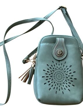 Aphison Teal Crossbody Phone Bag with Laser-Cut Detail New